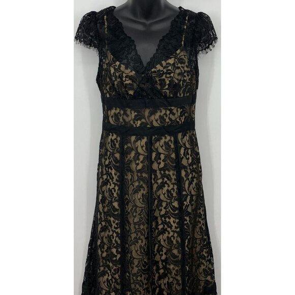 Ann Taylor Loft Dress Size 2 Tan Black Lined Lace Floral Empire Cocktail Career - Picture 2 of 8